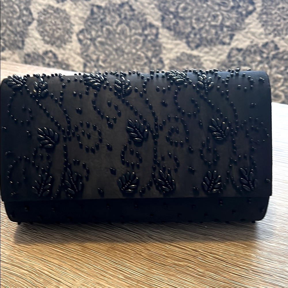Elegant Beaded Black Clutch Bag. Perfect Condition. 7.5” x 5”. Optional strap.